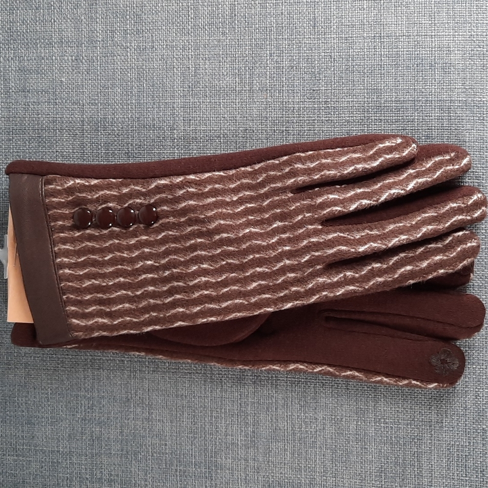 Women Fitted Glove Brown White Zigzag Chevron Stripe Warm Outerwear Smart Touch